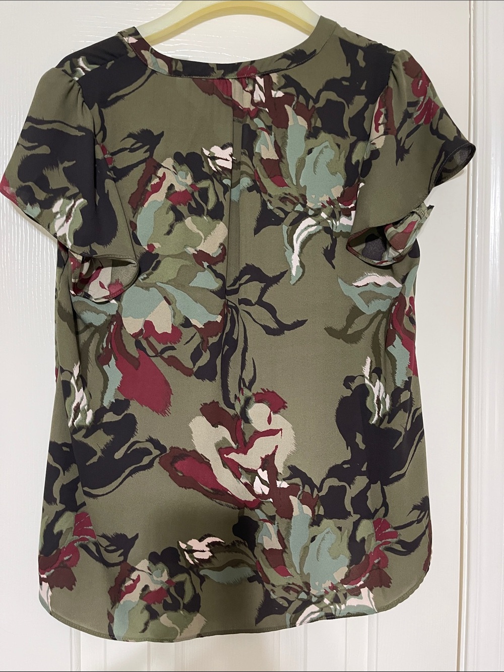 Maurices Olive Floral Cap-Sleeve Blouse with Burgundy & Black Accents - Picture 4 of 4
